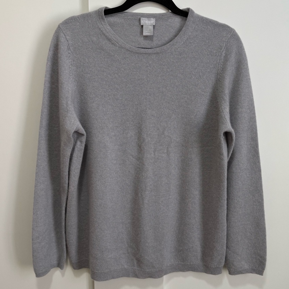 Chico’s Cashmere Crewneck Lite Gray Sweater Quiet Luxury Layer Warm Soft Quality